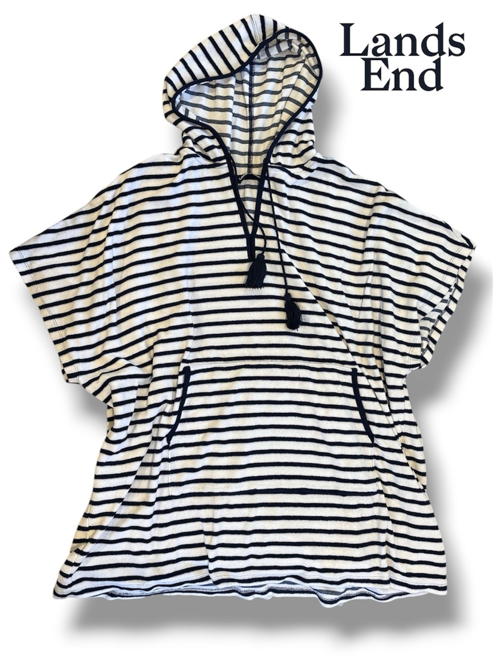 Lands' End Striped Terry Cloth Hooded Beach Cover Up Poncho L/XL Petite